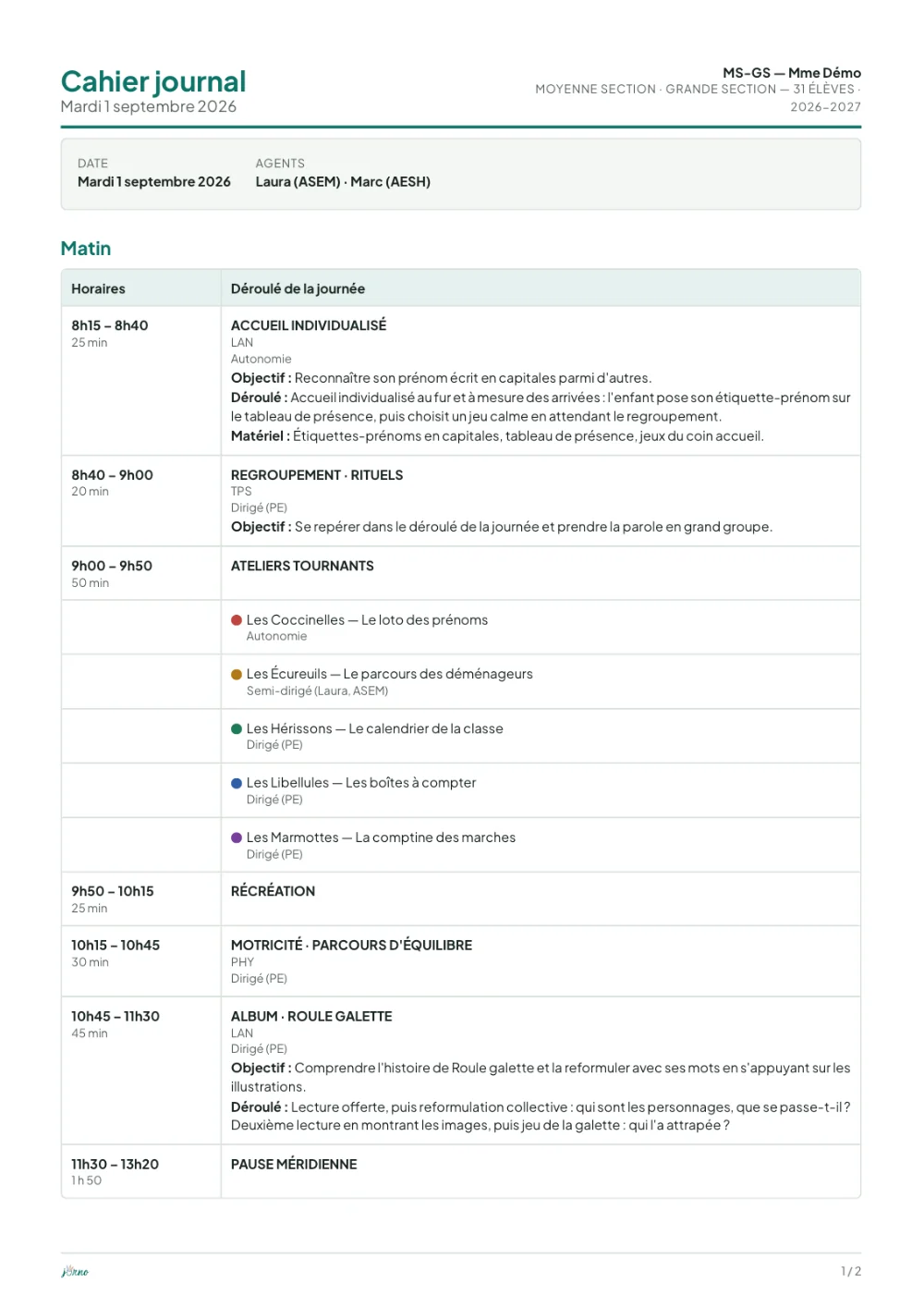 Première page du cahier journal PDF de la classe de démo, mardi 1er septembre 2026 : horaires et déroulé du matin, ateliers tournants groupe par groupe